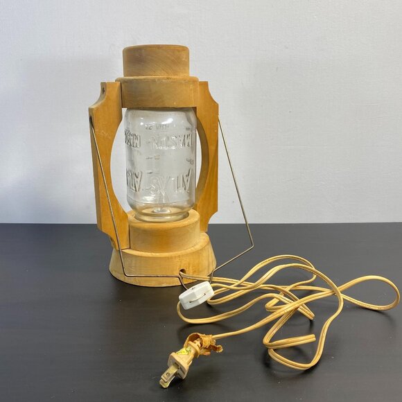 Hand Crafted Wood Lantern Table Lamp Electric Light Flicker Bulb Mason Jar. - Picture 2 of 10
